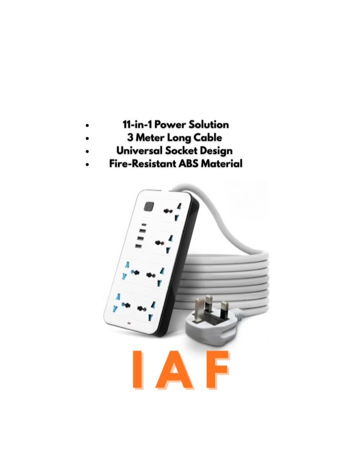 IAF 11-in-1 Universal Power Strip Extension Cord 3M – 6 AC Sockets with 3 USB Ports & Type-C PD Fast Charging, Smart Surge Protection Multi Plug Extension Lead for Home, Office & Electronics with Child Safety Shutter - Image 1